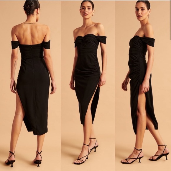 Abercrombie & Fitch Off The Shoulder Ruched Midi Dress Black Size Medium - Picture 1 of 16